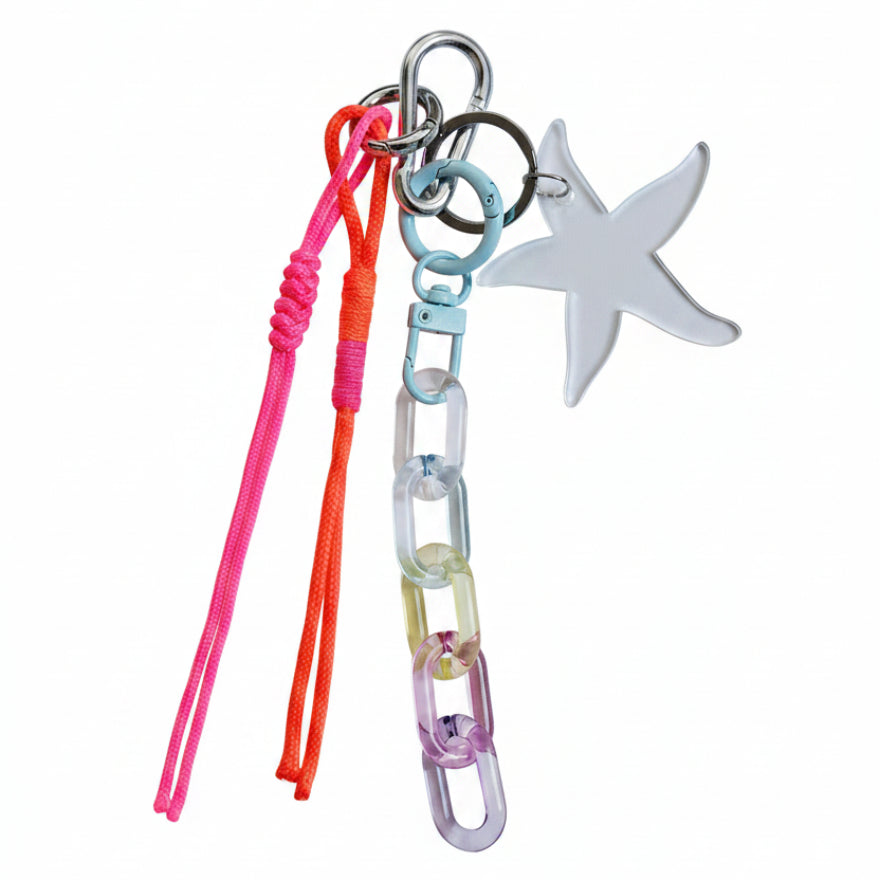 Pink and orange nautical rope bag charm with acrylic chain and silver starfish pendant – product view