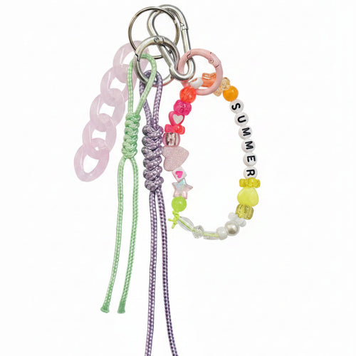 Purple and green nautical rope bag charm with pink acrylic chain and colorful beaded "Summer" loop – product view