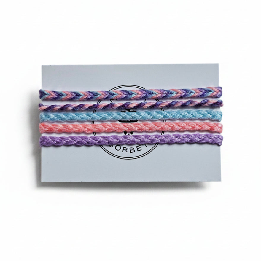 Pink, blue and purple hand-knotted cotton friendship bracelet set of 5 on Mint Sorbet packaging card