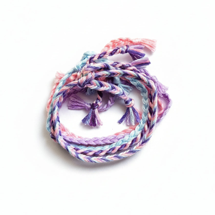 Pink, blue and purple hand-knotted cotton friendship bracelet set of 5 – product view
