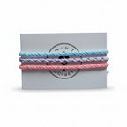 Light blue, purple and pink hand-knotted cotton friendship bracelet set of 3 on Mint Sorbet packaging card