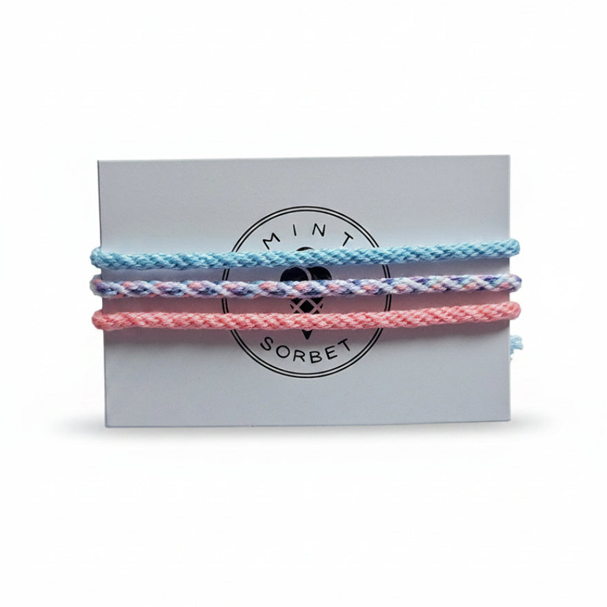 Light blue, purple and pink hand-knotted cotton friendship bracelet set of 3 on Mint Sorbet packaging card