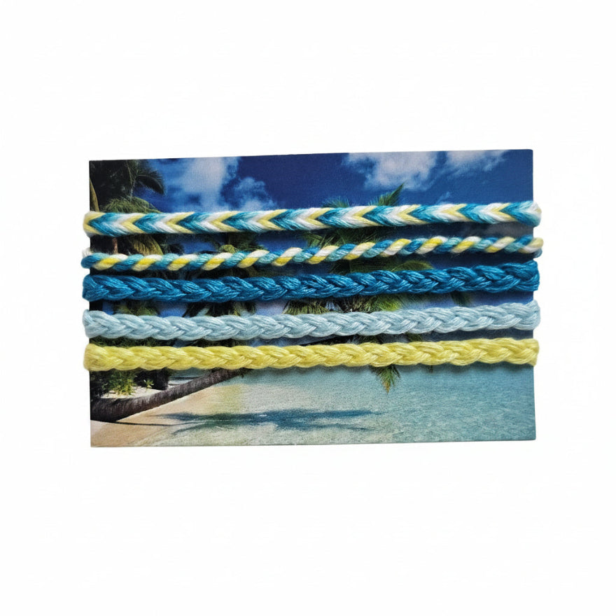 Blue, teal and yellow hand-knotted cotton friendship bracelet set of 5