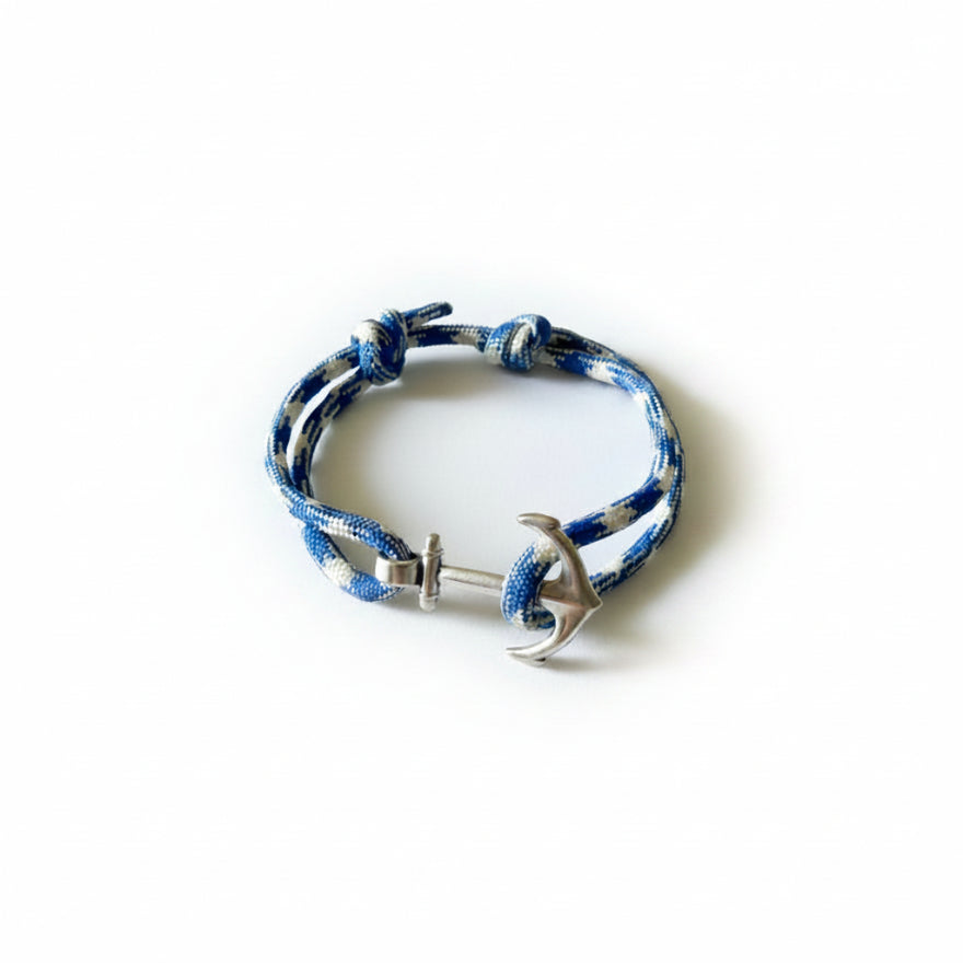 Blue and white patterned nautical rope bracelet with silver stainless steel anchor clasp – product view