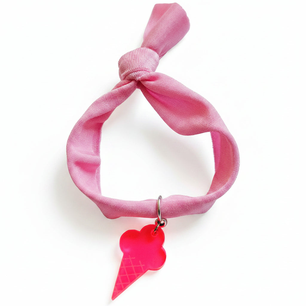 Pink nylon elastic bracelet with neon pink acrylic ice cream cone pendant – product view