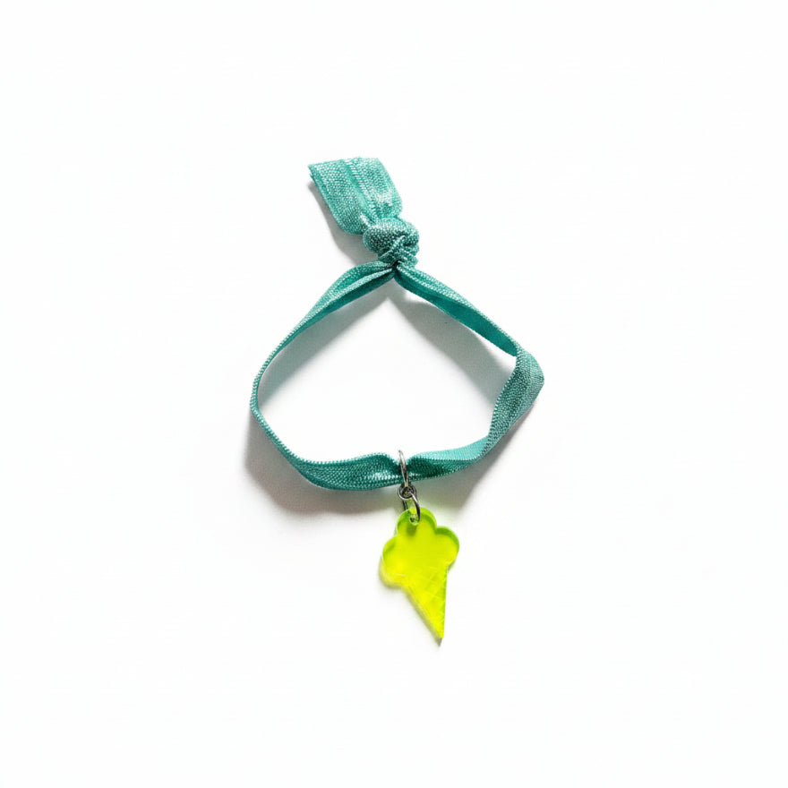 Teal nylon elastic bracelet with neon yellow acrylic ice cream cone pendant – product view