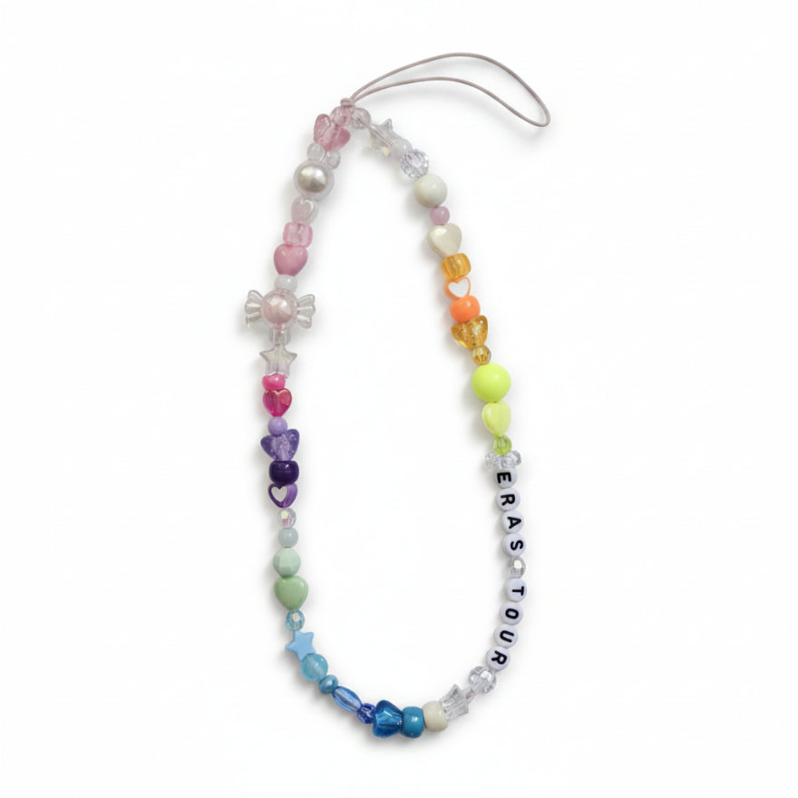 Colorful beaded "Eras Tour" phone charm with candy charm – product view