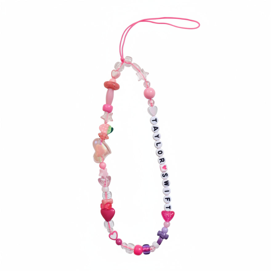 Colorful beaded "Taylor Swift" phone charm with green gummy bear charm – product view