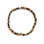 Brown Tiger's Eye and black lava stone beaded bracelet with silver accent bead – product viewBrown Tiger's Eye and black lava stone beaded bracelet with silver accent bead – product view
