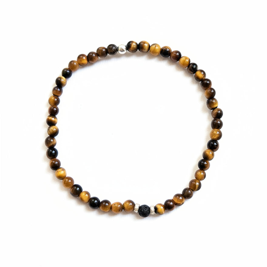 Brown Tiger's Eye and black lava stone beaded bracelet with silver accent bead – product viewBrown Tiger's Eye and black lava stone beaded bracelet with silver accent bead – product view