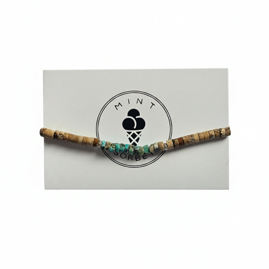 Brown jasper and turquoise amazonite beaded bracelet with silver accent bead on Mint Sorbet packaging card