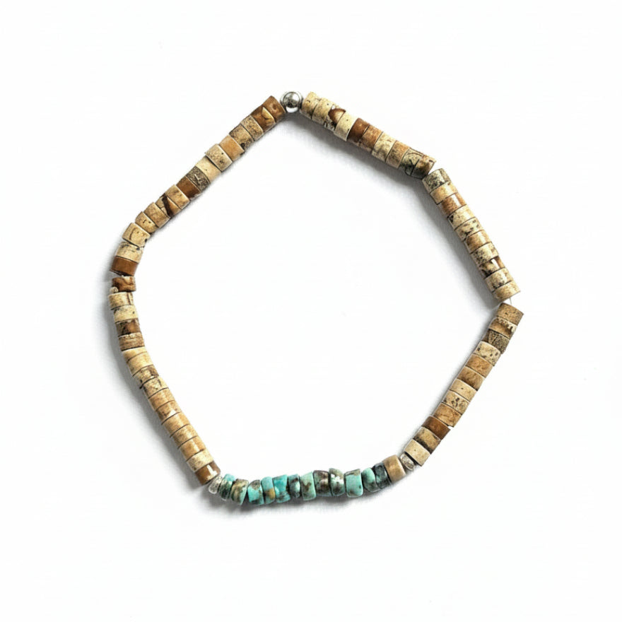 Brown jasper and turquoise amazonite beaded bracelet with silver accent bead – product view