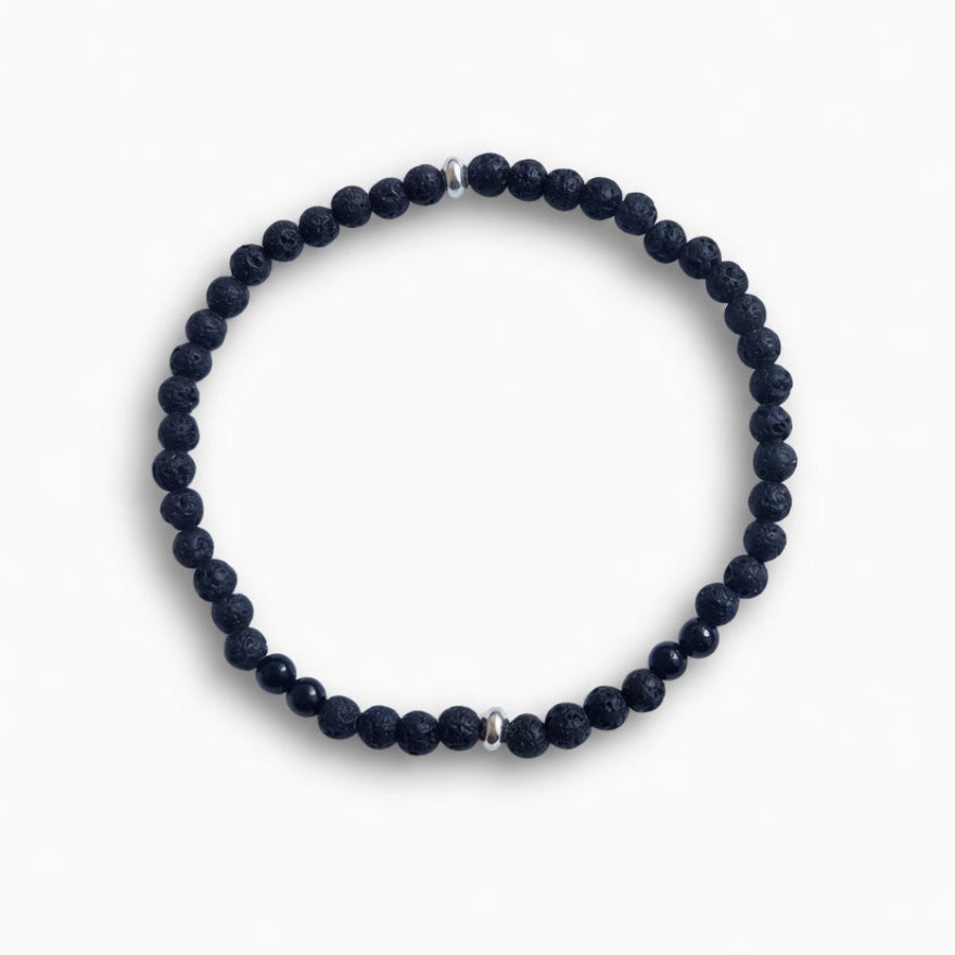 Black lava stone and black tourmaline beaded bracelet with silver accent beads – product view